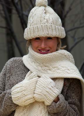 cable hat, scarf, and mittens
