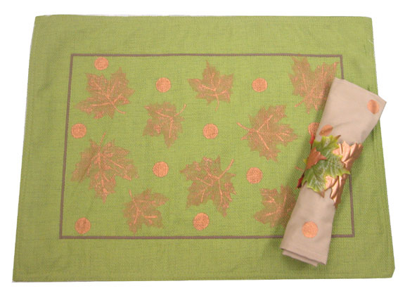 Green and Gold Leaf Placemat and Napkin Ring